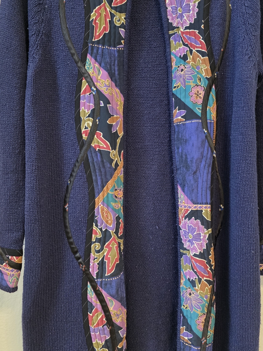 Vintage Handcrafted Art-to-Wear Navy Blue Knit Floral Cardigan Jacket